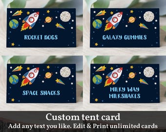 Tarjetas de comida del espacio exterior: cohetes, planetas y astronautas editables (Bir73)