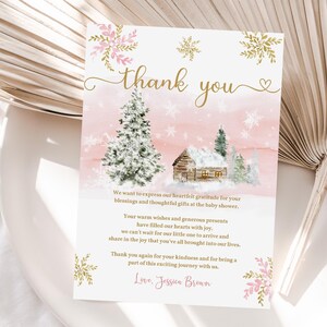 Cartão de agradecimento para chá de bebê de inverno, querida, está frio lá fora, nota de agradecimento, floco de neve rosa dourado, árvore de Natal, editável e imprimível Bab126