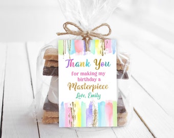 Art Birthday Party Thank You Tag Painting Party Label Gift Favor Tag Craft Rainbow Pastel Colorful Crayon Brush Download Editable Bir254