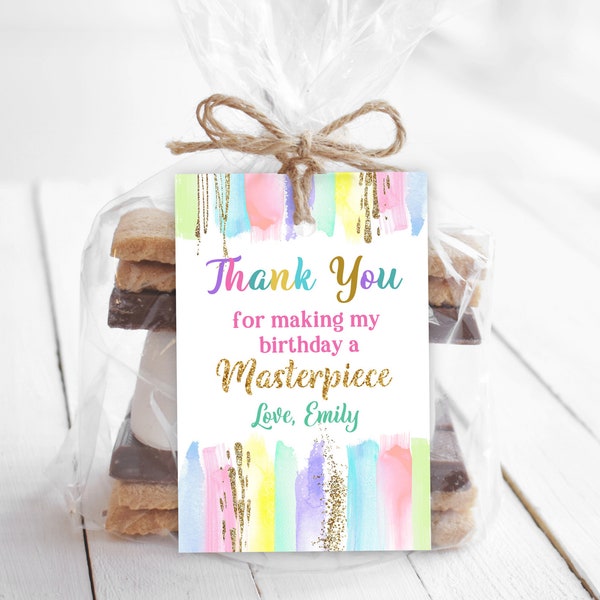 Art Birthday Party Thank You Tag Painting Party Label Gift Favor Tag Craft Rainbow Pastel Colorful Crayon Brush Download Editable Bir254