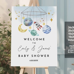 Letrero de bienvenida para baby shower con temática del espacio exterior, decoración editable para baby shower con temática espacial, astronauta, cohete, sistema solar, móvil para bebé, fiesta para niño, imprimible, Bab270