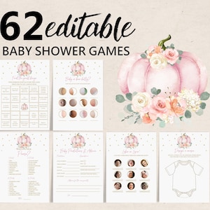 Pumpkin Baby Shower Games Bundle, Floral Pink and gold Girl little Pumpkin Game package Editable Game Pack, Fall Autumn Printable Bab40