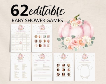 Pumpkin Baby Shower Games Bundle, Floral Pink and gold Girl little Pumpkin Game package Editable Game Pack, Fall Autumn Printable Bab40
