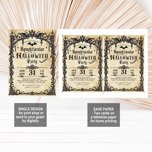 May include: A rectangular Halloween party invitation template featuring a gothic black archway frame with skulls and bats on a beige parchment background. The text reads Spooktacular HALLOWEEN Party, SAT OCT 31, 6:00 PM, HOSTED BY ADAMS FAMILY.