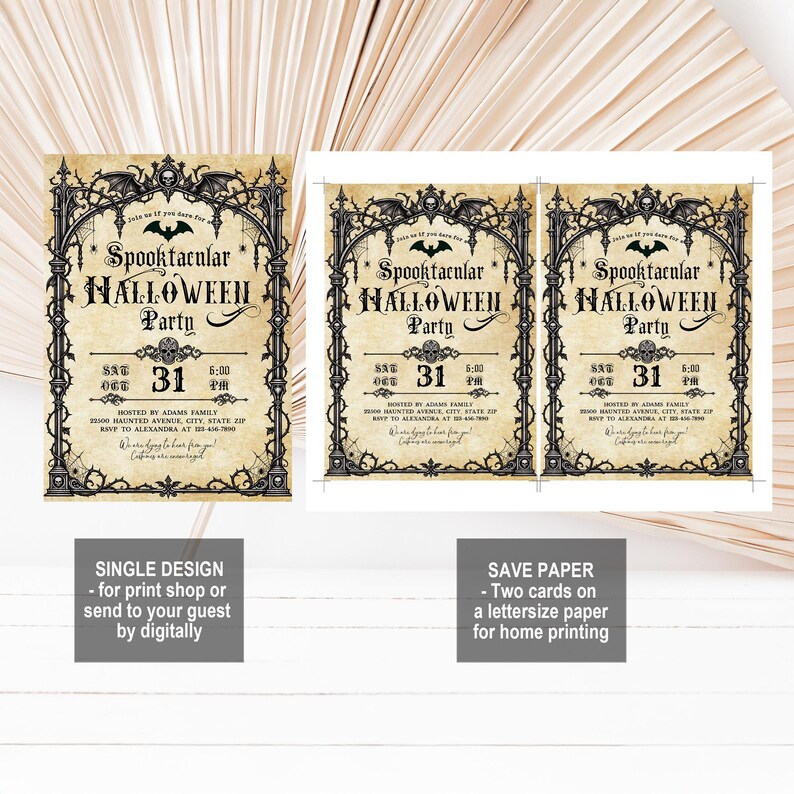 May include: A rectangular Halloween party invitation template featuring a gothic black archway frame with skulls and bats on a beige parchment background. The text reads Spooktacular HALLOWEEN Party, SAT OCT 31, 6:00 PM, HOSTED BY ADAMS FAMILY.