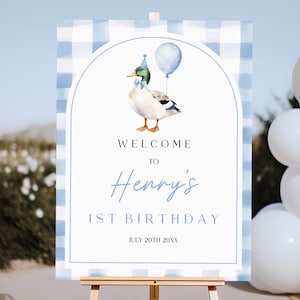 One Lucky Duck Birthday Welcome Sign Template Editable Blue Duck Firast Birthday Party Decor Duck Hunting Outdoors Printable Mallard Bir465