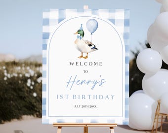 Panneau de bienvenue d'anniversaire : Un canard chanceux, décoration de fête bleue - Modifiable Bir465