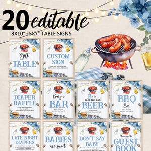 Ensemble de panneaux de douche Baby Q modifiables pour barbecue Baby Shower de signe imprimable Décorations de baby shower Q pour étudiants barbecue Baby Shower Boy bleu Floral imprimable Bab286