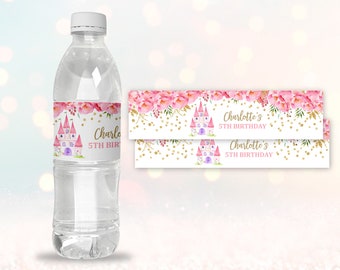 Princess Birthday Water Bottle label  Download  EDITABLE  Princess floral castle water bottle label  Pink and Gold Princess  Prin1