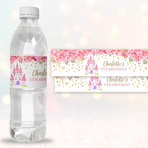 Etiqueta de botella de agua de cumpleaños de princesa Descargar EDITABLE Etiqueta de botella de agua de castillo floral de princesa Princesa rosa y dorada Prin1