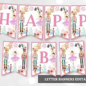 Nutcracker Birthday Banner Girl Party Decorations Pink Sugar Plum Fairy Editable Download Printable Winter Christmas Ballet Bir15
