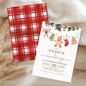 May include: A Christmas-themed invitation with a red and white plaid pattern on the back. The front features a watercolor design of cookies, a gingerbread man, and a stocking. The text reads "Cookie Exchange" with event details.