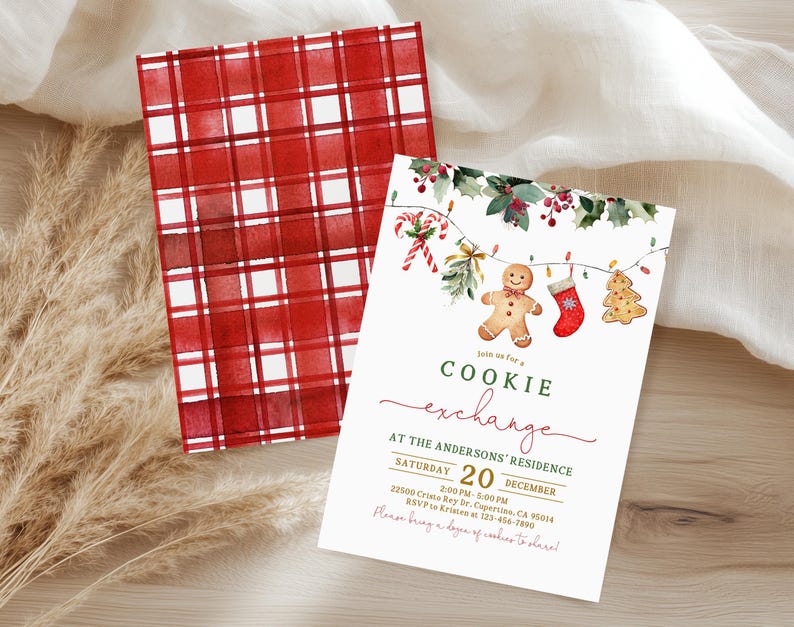 May include: A Christmas-themed invitation with a red and white plaid pattern on the back. The front features a watercolor design of cookies, a gingerbread man, and a stocking. The text reads "Cookie Exchange" with event details.