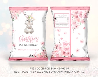 Bunny Birthday Chip Bag - Pink Floral Editable 1st Favor