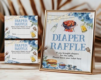 Baby Shower Diaper Raffle Cards, Blue Floral BBQ (Editable Digital Bir286)