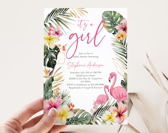 May include: Tropical themed baby shower invitation with pink flamingos, green leaves, and yellow flowers. The text reads "it's a girl" and "Join us for a baby shower honoring Stephanie Anderson".