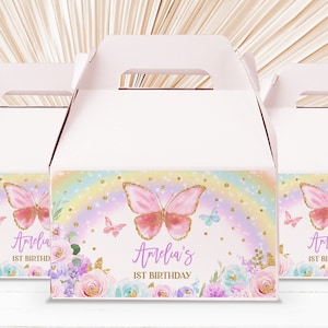 Bearbeitbare Schmetterling Geburtstagsgiebel Box Etiketten Schmetterling Treat Boz Favors Label Regenbogen Gold Schmetterling Party Dekor Printable Download Bir273
