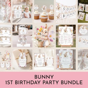 Bunny First Birthday Bundle Floral Some bunny is Turning One Editable Invite Package Wildflower Girl 1st Birthday Printable Decor EaBir14