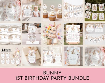 May include: A printable 1st birthday party bundle featuring a bunny theme. The bundle includes a welcome sign, table signs, a banner, and other decorations. The design features watercolor illustrations of bunnies, flowers, and greenery in pink, green, and white.
