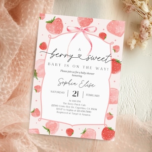 Strawberry Baby Shower Invitation Template Berry Sweet Baby on the Way Invite Editable Blush Berry Invitation Printable Summer Invite Bab312