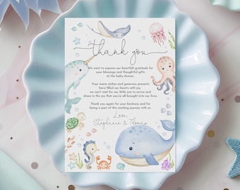 Under the Sea Baby Shower Thank You Card - Editable Ocean Animals Bab323