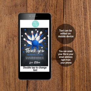 May include: A thank you card with a bowling theme. The card features a blue bowling ball and five red and white bowling pins. The text on the card reads "Thank you for bowling with me! I loved the cake and my presents too, but my favorite part was seeing you! Love, Ethan".