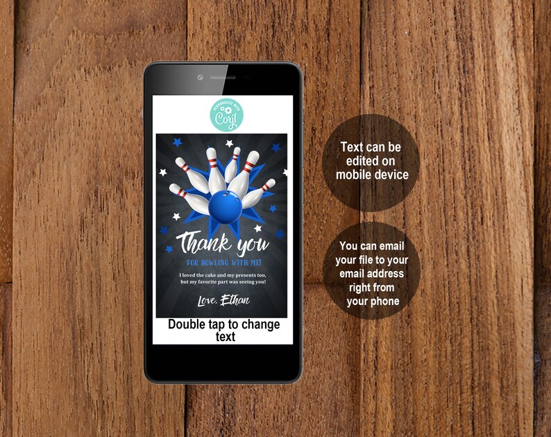 May include: A thank you card with a bowling theme. The card features a blue bowling ball and five red and white bowling pins. The text on the card reads "Thank you for bowling with me! I loved the cake and my presents too, but my favorite part was seeing you! Love, Ethan".