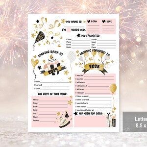 May include: Printable New Year's Eve worksheet for kids.  The worksheet has a pink and gold color scheme with confetti and balloons.  It includes sections for "Looking Back at 2024", "The Best of This Year", "Looking Forward to 2025", and "My Wish for 2025".