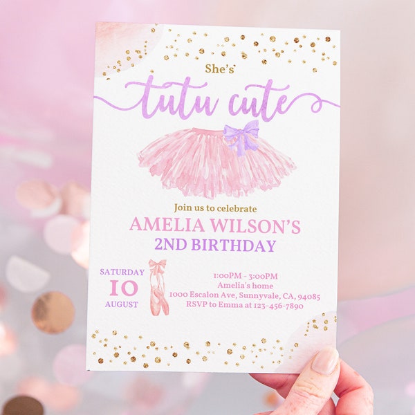 Tutu Birthday Invitation Ballerina Invite Pink Purple Gold 2nd Birthday Invite Ballet Tutu Cute Digital Editable Template Printable Bir341