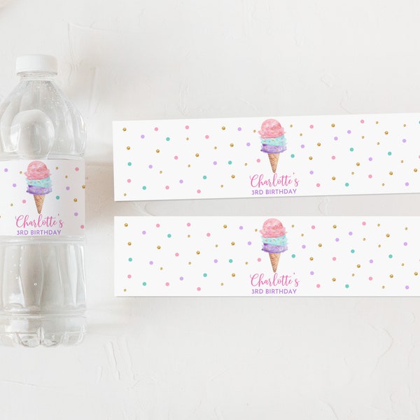 Editable Ice Cream Birthday Party Water Bottle Labels Ice Cream Party Water Bottle wrapper Pink Purple teal label Decor Printable Bir366