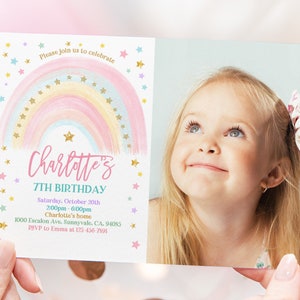 Rainbow Birthday Photo Invitation Colorful Pastel Rainbow Party Invite Rainbow of Fun Gold Stars Sprinkle Editable Printable Download Bir299