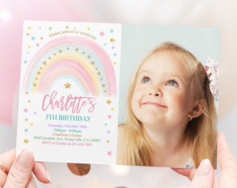 May include: A rainbow-themed birthday invitation with a watercolor rainbow, gold glitter stars, and a photo of a young girl. The invitation says "Please join us to celebrate Charlotte's 7th Birthday" and includes the date, time, location, and RSVP information.
