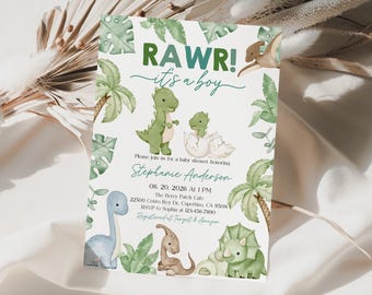 Boho Dinosaurier-Babyparty-Einladung: Bearbeitbar Es ist ein Junge Bab350