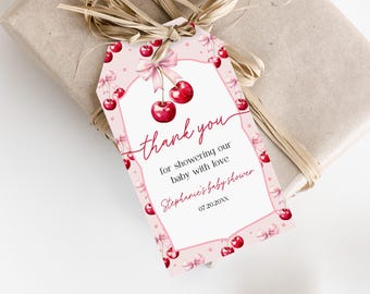 Cherry Baby Shower Favor Tag - Printable, Editable Pink Bow Bab349