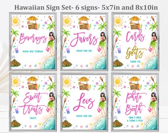 Puede incluir: Conjunto de seis carteles imprimibles con temática hawaiana para una fiesta o evento. Los carteles miden 13x18 cm y 20x25 cm. Los carteles presentan un diseño de estilo acuarela con una bailarina de hula, palmeras, flores y una escena de playa. Los carteles tienen el siguiente texto: Bebidas, Favores, Tarjetas y Regalos, Dulces, Collares de flores y Fotomatón.