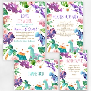 Mädchen Dinosaurier Baby-Dusche-Einladung Set Dino Party einladen lila pink gold Floral Tropischen Bundle bearbeitbar druckbar Download Bab114