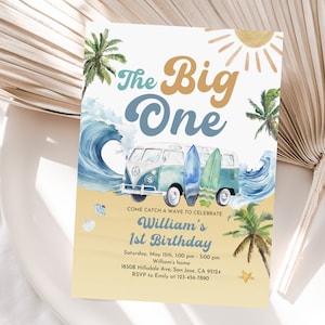 Editable The Big One Surfing Invitation Retro Boy Surf Surfboard Beach Pool Party Invite Summer 1st Birthday Printable Download Bir345