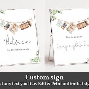 Adventure Awaits Benutzerdefiniertes Tischschild Bearbeitbares Reisethema Babypartyschilder Wäsche Weltkarte Koffer Greenery Boy Neutral Printable Bab268
