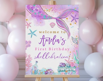 Mermaid Welcome Sign: Editable Beach Birthday Decor - Printable Download Bir321