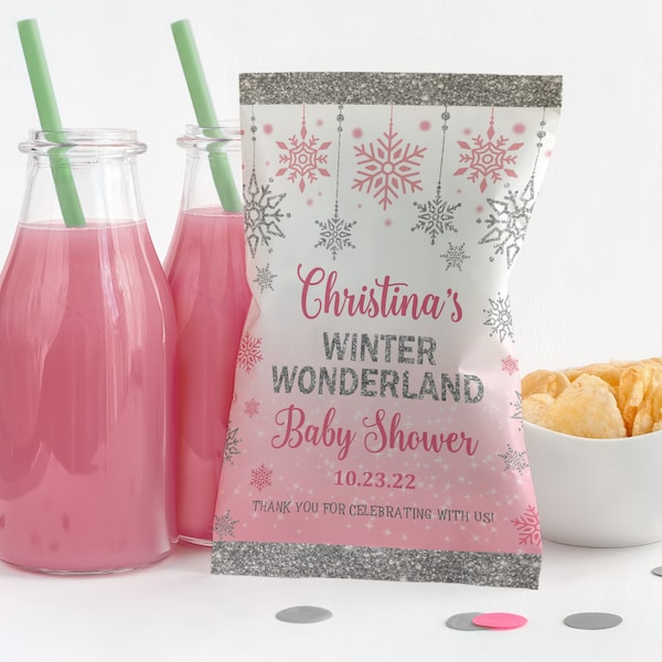 Winter baby shower chip bag  Winter wonderland  Pink Silver Snowflake  Download  EDITABLE  Bab59