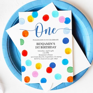 Rainbow Polka Dot Birthday Invitation Watercolor Spots Birthday Invite Boy 1st One First Pastel Digital Editable Printable Download Bir55