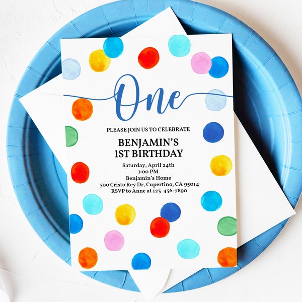 Rainbow Polka Dot Birthday Invitation Watercolor Spots Birthday Invite Boy 1st One First Pastel Digital Editable Printable Download Bir55