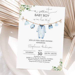 Boy Baby Shower Invitation Baby Clothes Invite A sweet baby boy is on his way Laundry Blue Greenery Editable Printable Download Bab214
