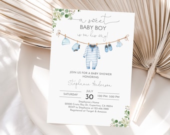 Boy Baby Shower Invitation Baby Clothes Invite A sweet baby boy is on his way Laundry Blue Greenery Editable Printable Download Bab214