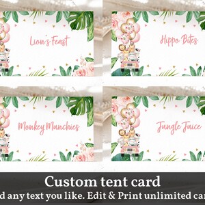 EDITABLE Safari Food tags Buffet label Jungle Tent card Wild Food Labels Place Cards Pink floral Tropical Printable Digital Bir359 Bab211