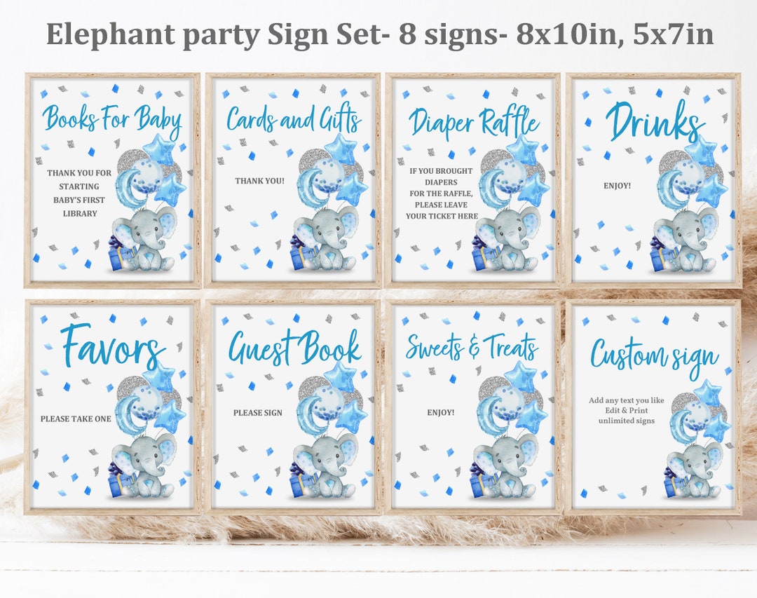 Elephant Baby Shower Sign Set Boy Blue Balloons Baby Sprinkles Table ...