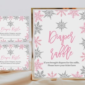 Schneeflocke-Windel-Verlosungsschild-Eintrittskarte Baby-Dusche-Windel-Verlosungsschild-Karte Winter-Rosa-Silber-Glitzer-Mädchen Bearbeitbare Druckbare Download Bab173