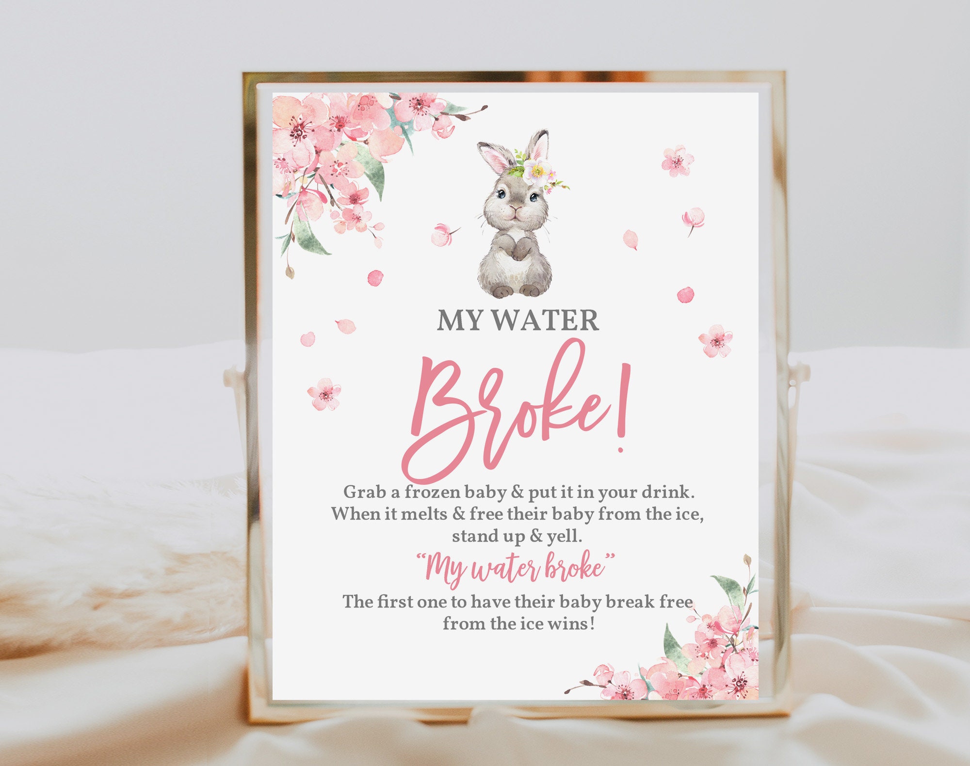 Bunny my water broke Baby Shower Game Sign Rabbit baby shower Easter Girl Spring Pink Sakura Floral Rabbit Digital Editable Download Eaba3
