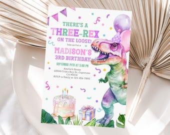 Invitación de dinosaurio en tonos pastel para niña, T-Rex rosa y morado (Editable Bir578)