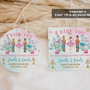 Etiqueta para lembrancinha de chá de bebê quebra-nozes Tag Sugar Plum Fairy Gift Sticker Tag de agradecimento Land of sweets Girl Editável para impressão Download Chbab3